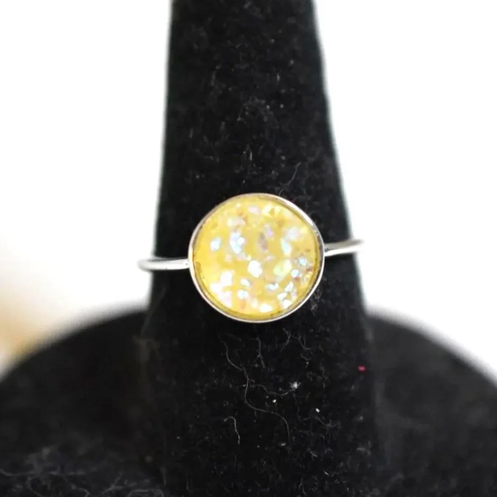 Pura Vida Yellow Druzy Inlay Silver Tone Size 7 Casual Trendy Stylish Ring